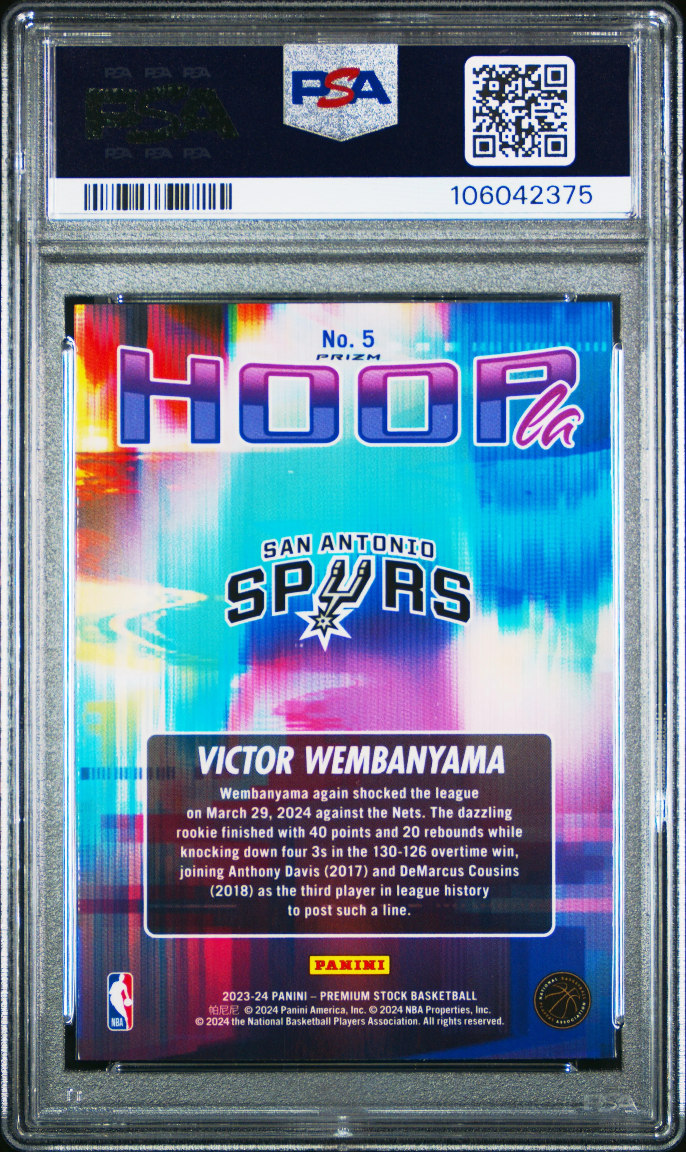 VICTOR WEMBANYAMA | 2023 PANINI HOOPS PREMIUM STOCK HOOPLA 5 | HOOPLA-DISCO PRIZM | PSA MINT 9 - Image 2
