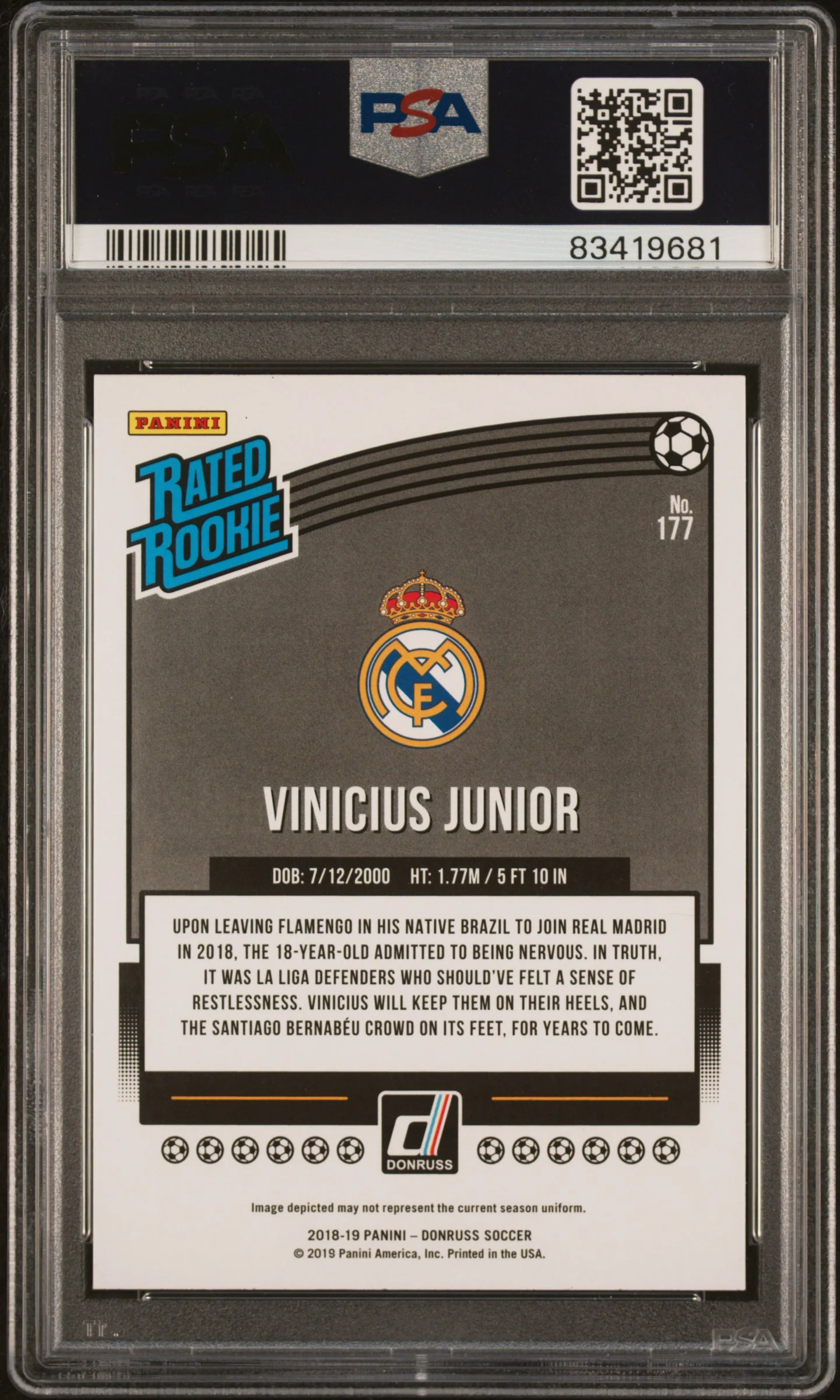 VINICIUS JUNIOR | 2018 PANINI DONRUSS 177 | PRESS PROOF-RED | PSA GEM MT 10 - Image 2