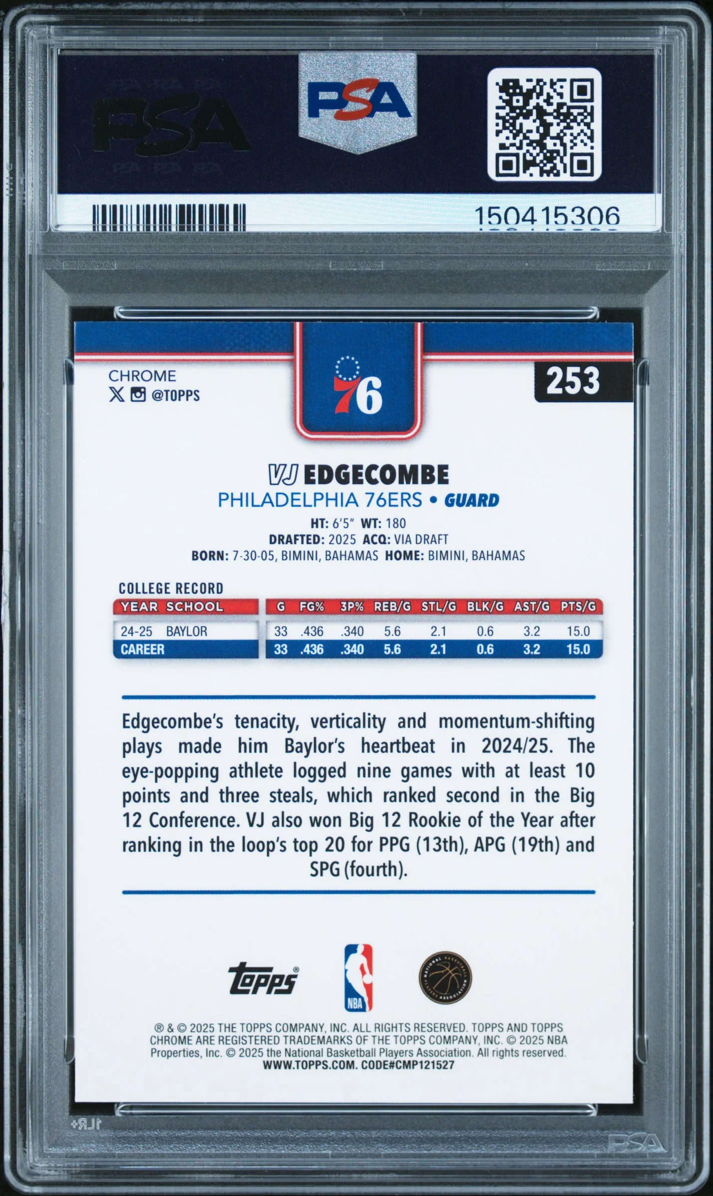 VJ EDGECOMBE | 2025 TOPPS CHROME 253 | PSA GEM MT 10 - Image 2