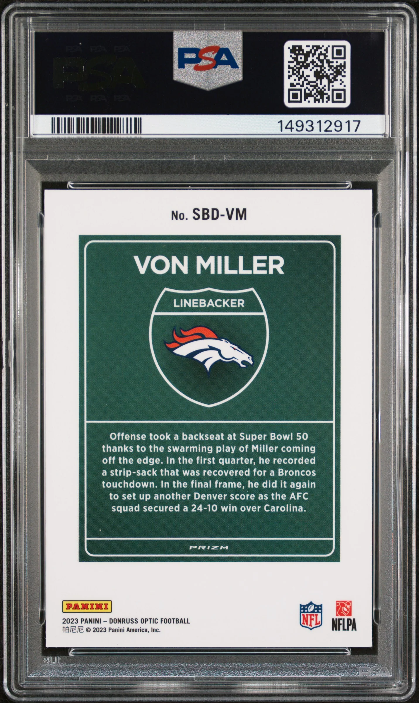 VON MILLER | 2023 PANINI DONRUSS OPTIC SUPER BOWL DOWNTOWN SBDVM | PSA MINT 9 - Image 2