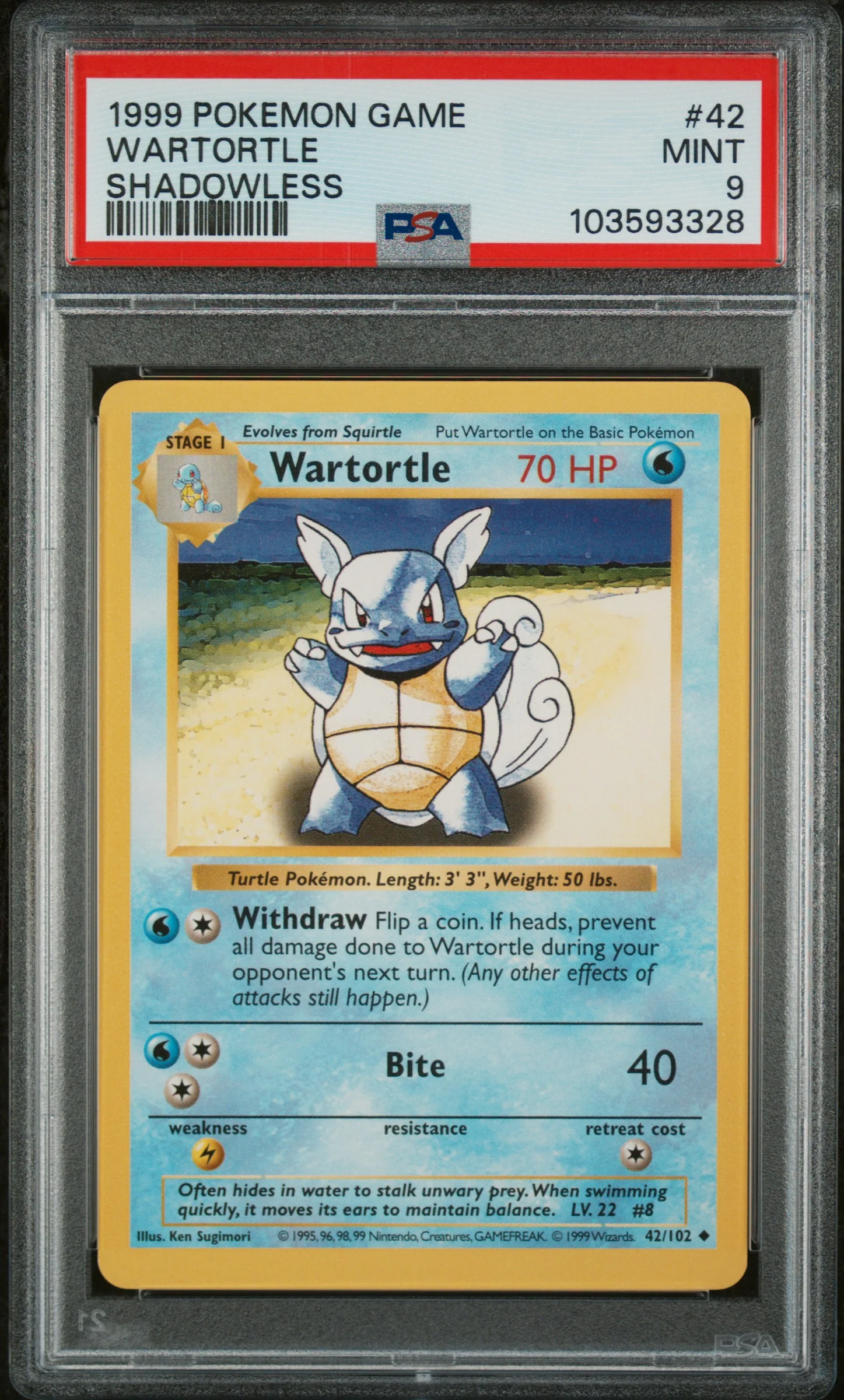 WARTORTLE | 1999 POKEMON GAME 42 | SHADOWLESS | PSA MINT 9