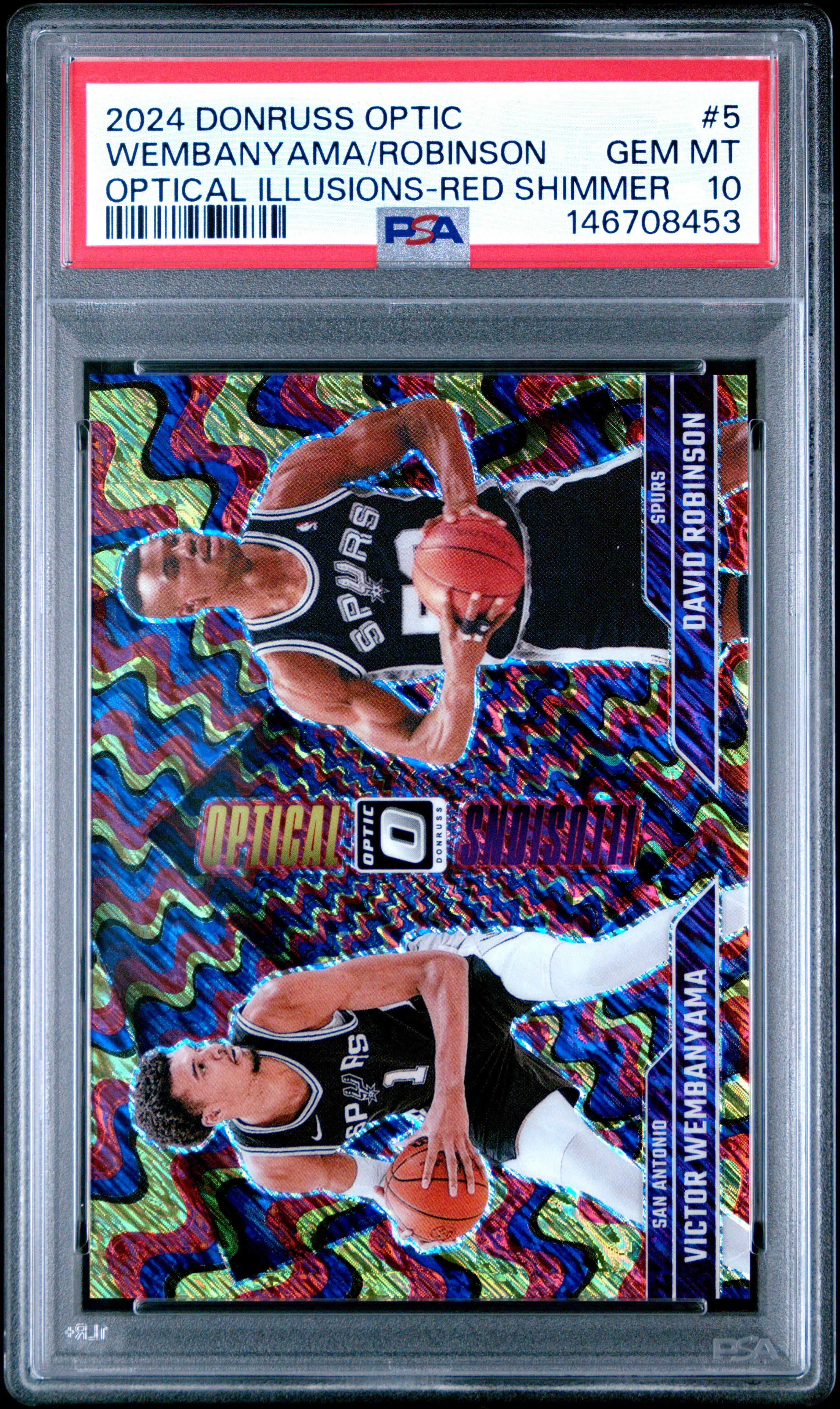WEMBANYAMA/ROBINSON | 2024 PANINI DONRUSS OPTIC OPTICAL ILLUSIONS 5 | OPTICAL ILLUSIONS-RED SHIMMER | PSA GEM MT 10