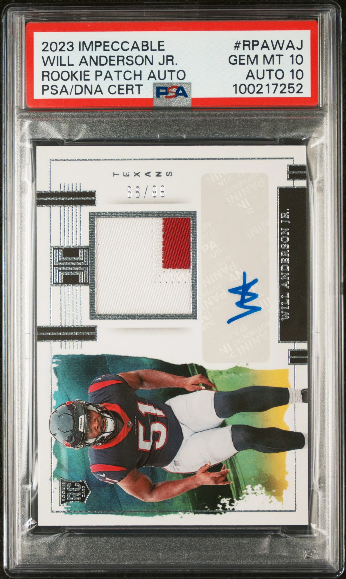 WILL ANDERSON JR. | 2023 PANINI IMPECCABLE ROOKIE PATCH AUTOGRAPHS RPAWAJ | ROOKIE PATCH AUTO | PSA GEM MT 10
