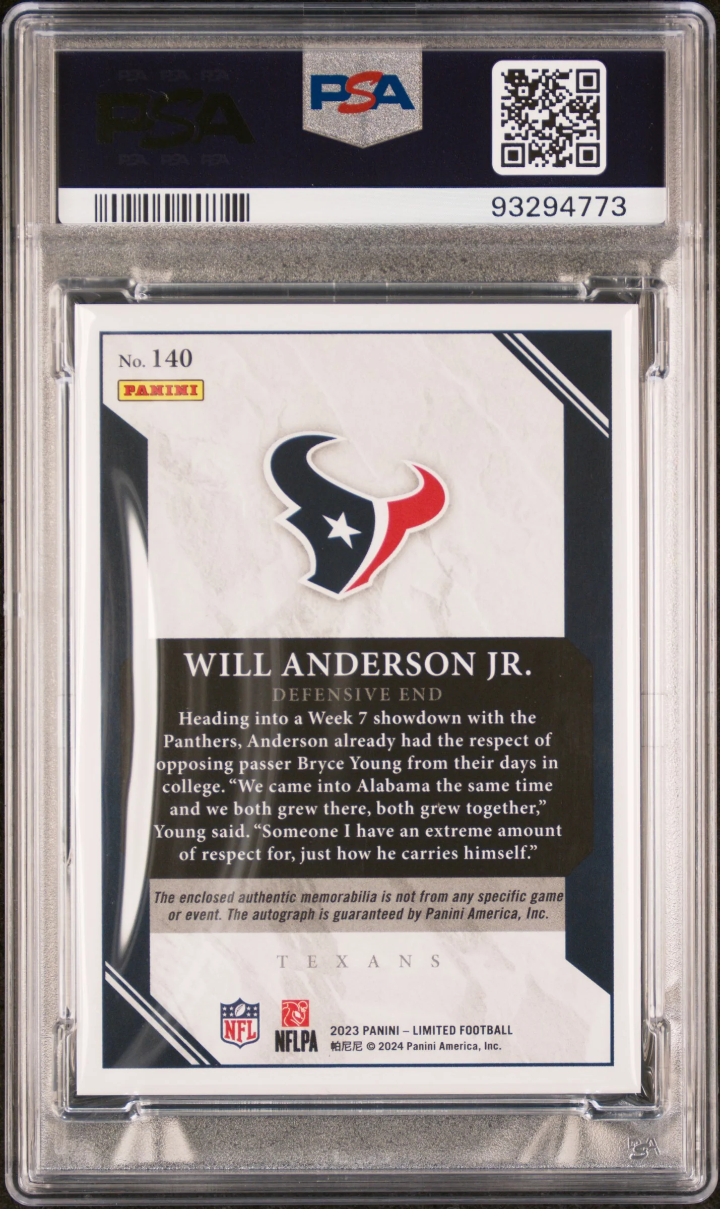 WILL ANDERSON JR. | 2023 PANINI LIMITED 140 | PATCH AUTOGRAPH | PSA MINT 9 - Image 2