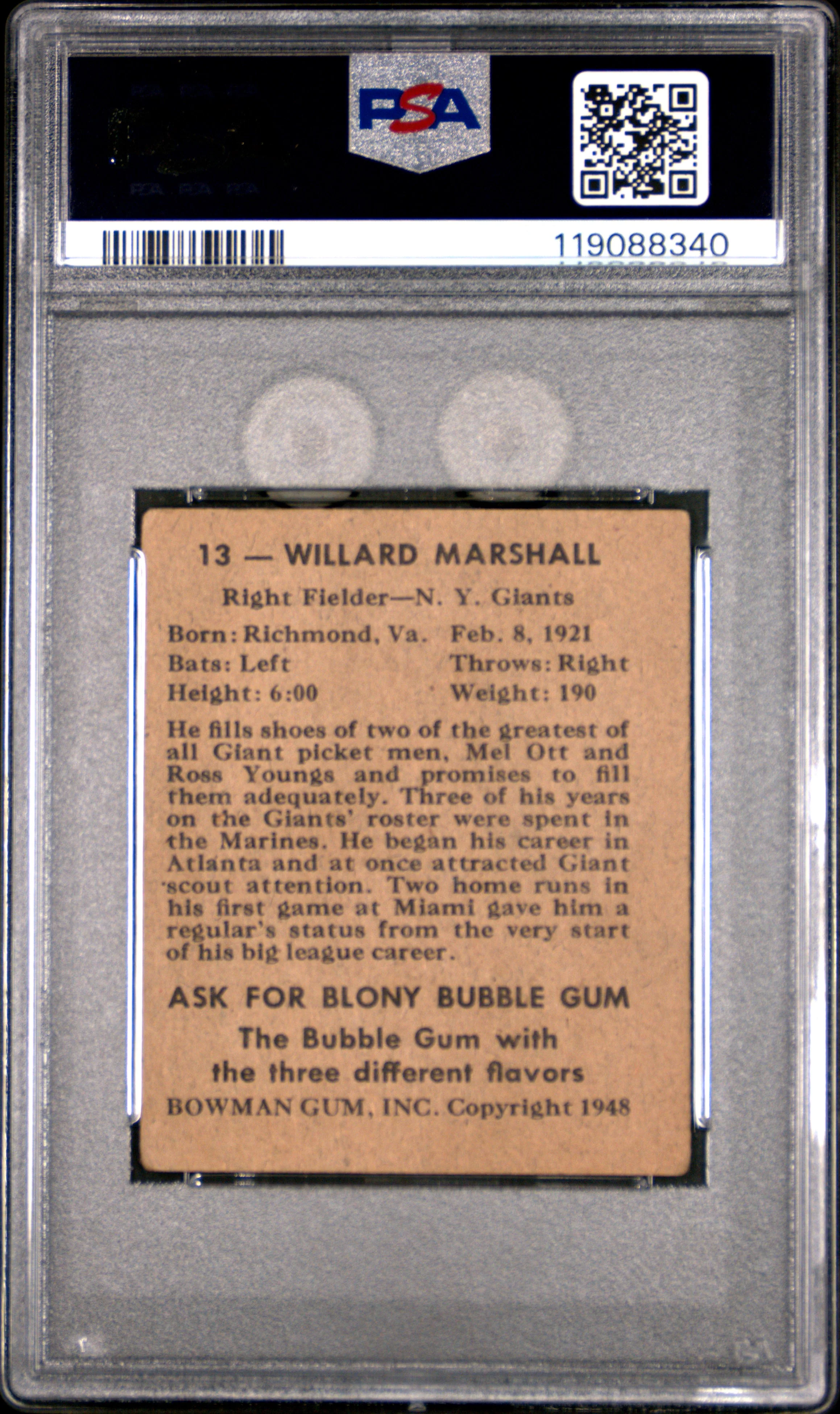 WILLARD MARSHALL | 1948 BOWMAN 13 | PSA VG 3 - Image 2
