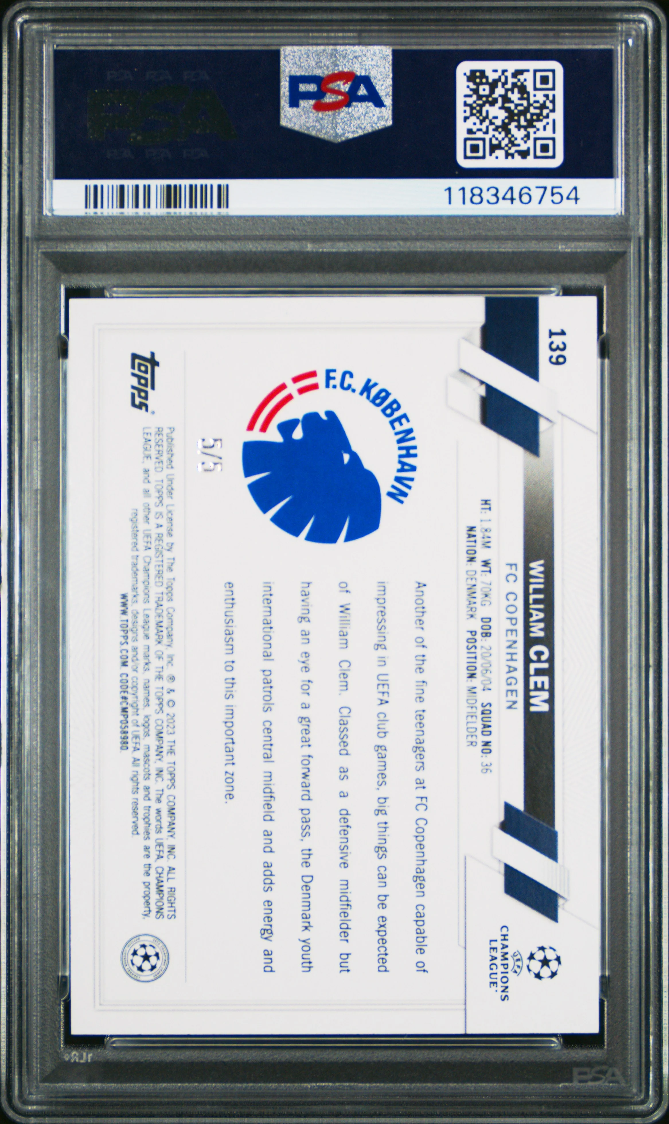 WILLIAM CLEM | 2022 TOPPS CARNAVAL UEFA CLUB COMPETITIONS 139 | RED | PSA GEM MT 10 - Image 2