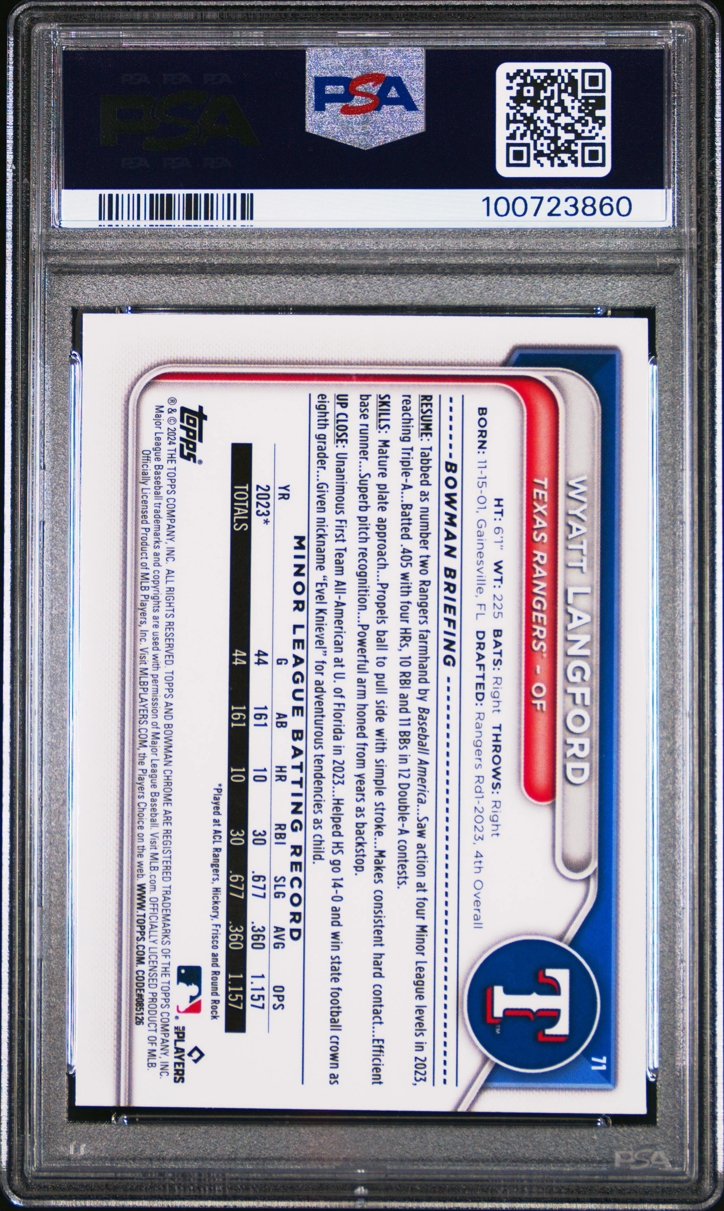 WYATT LANGFORD | 2024 BOWMAN CHROME 71 | ETCHED IN GLASS VARIATION | PSA MINT 9 - Image 2