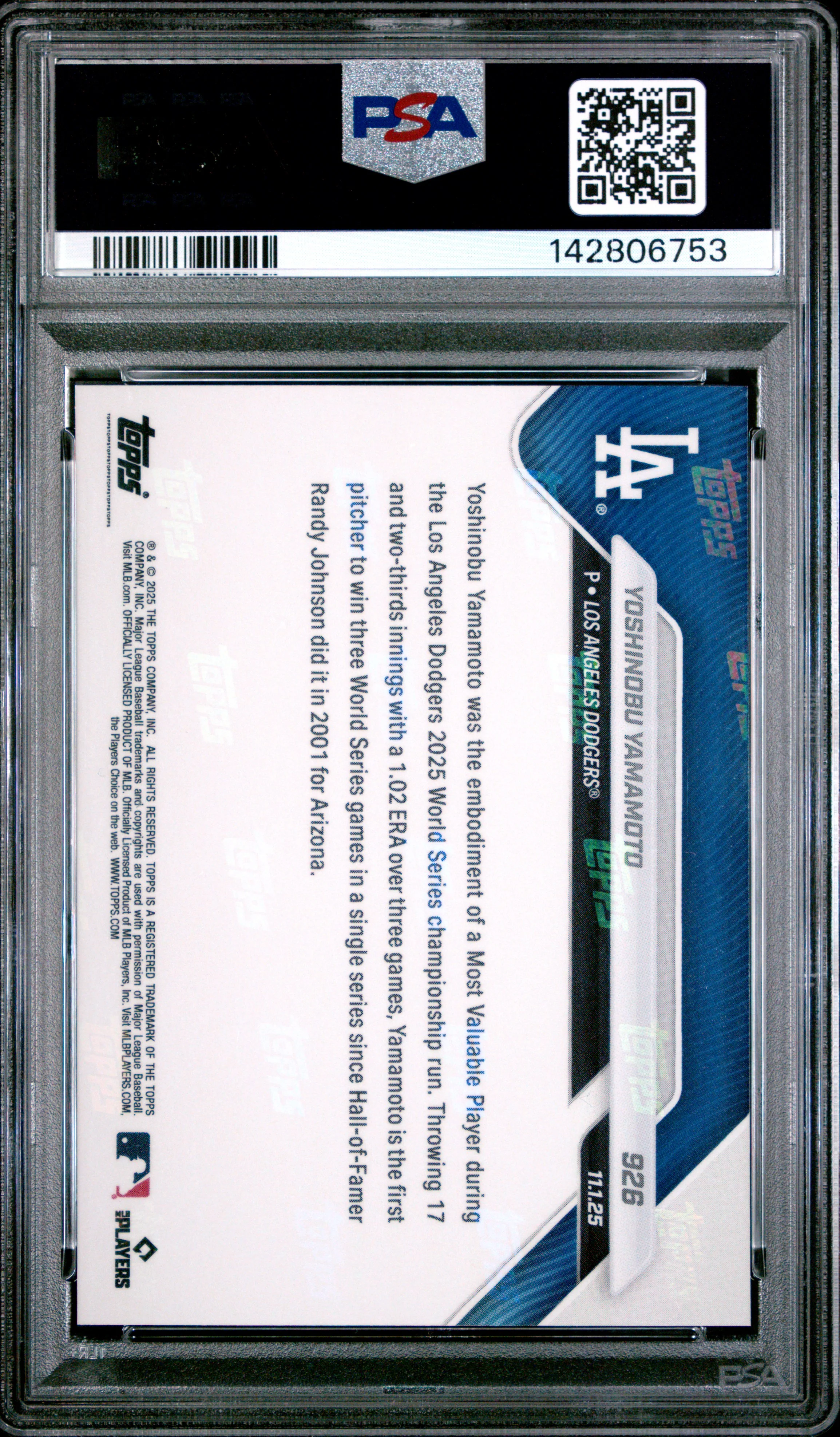 YOSHINOBU YAMAMOTO | 2025 TOPPS NOW 926 | PSA GEM MT 10 - Image 2