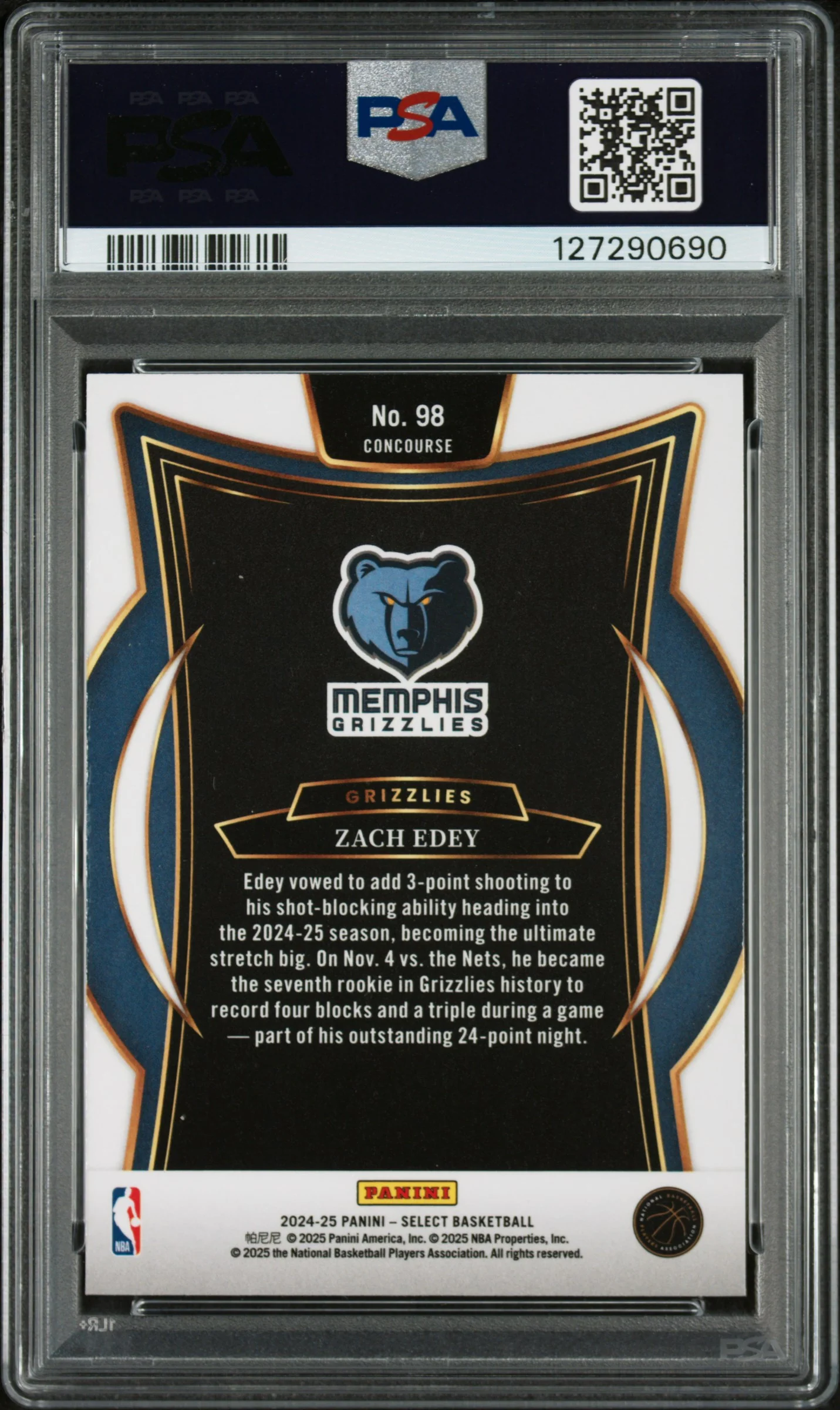 ZACH EDEY | 2024 PANINI SELECT 98 | BLUE | PSA GEM MT 10 - Image 2