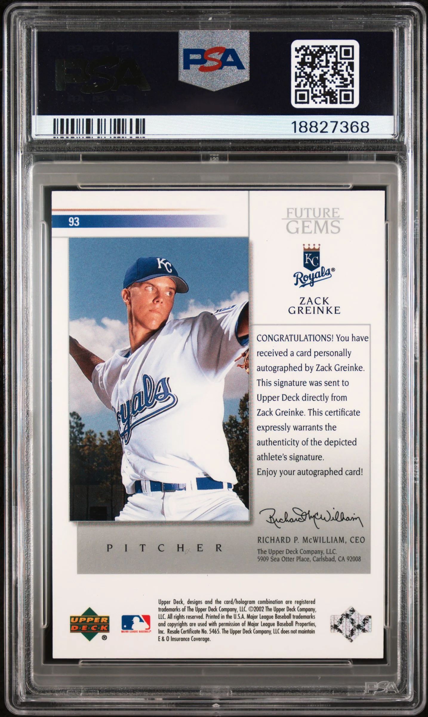 ZACK GREINKE | 2002 UPPER DECK PROSPECT PREMIERES 93 | AUTOGRAPH | PSA GEM MT 10 - Image 2
