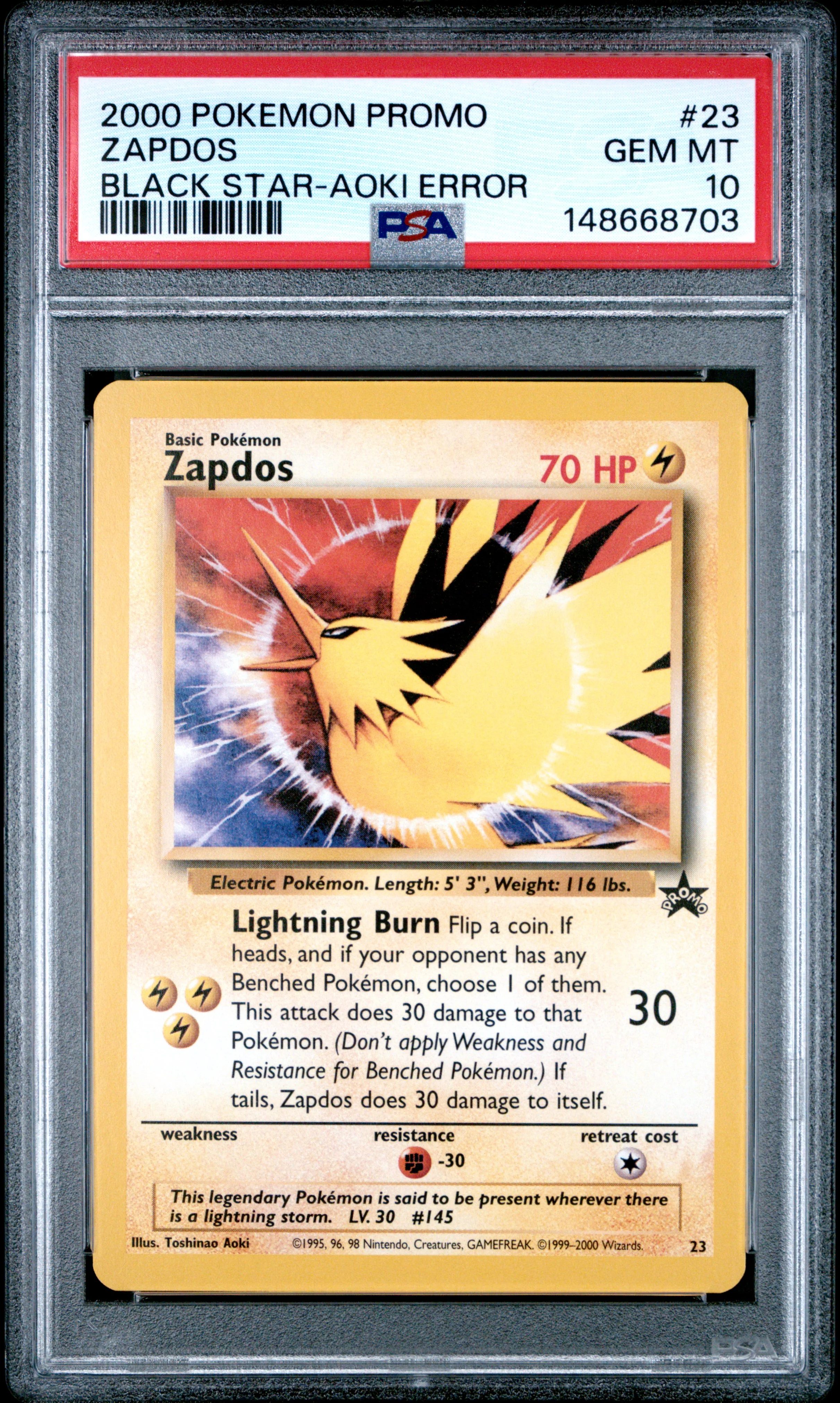 ZAPDOS | 2000 POKEMON PROMO BLACK STAR 23 | BLACK STAR-AOKI ERROR | PSA GEM MT 10